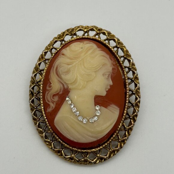 Jewelry - Vintage Cameo Style Brooch With Rhinestone Necklace & Ornate Gold-Toned Frame
